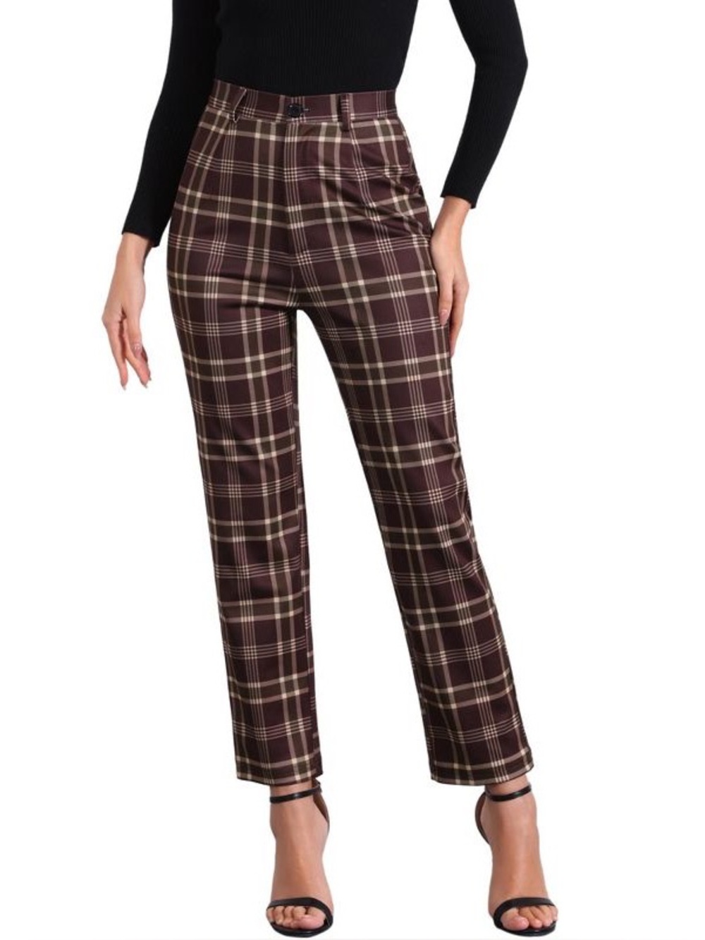 NEW Allegra K Women’s Brown Plaid High Waisted Button Stretch Ankle Pants Size M